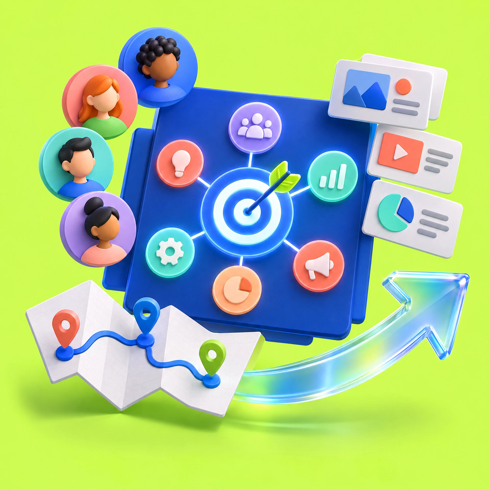 3D strategy planning board with audience nodes and campaign direction