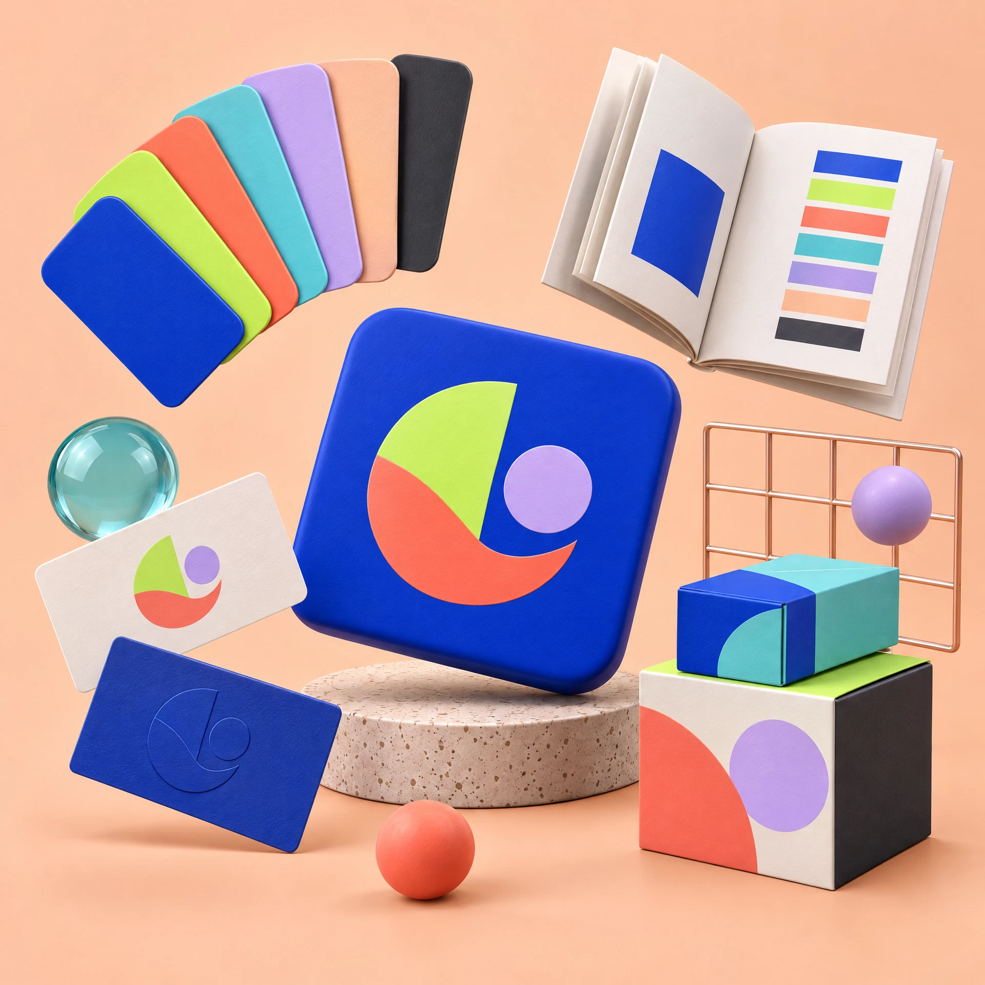 3D brand identity kit with color swatches, packaging, and style system